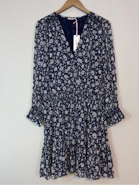 VINEYARD VINES Smocked Wrap Dress Blue Ivy Floral Long Sleeve Mini NWT Large